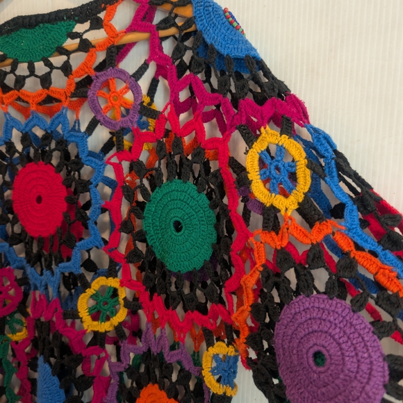 Vintage MY Sportswear Rainbow Colorful Crochet Beaded Open Knit Top Boho Hippie - Picture 7 of 10